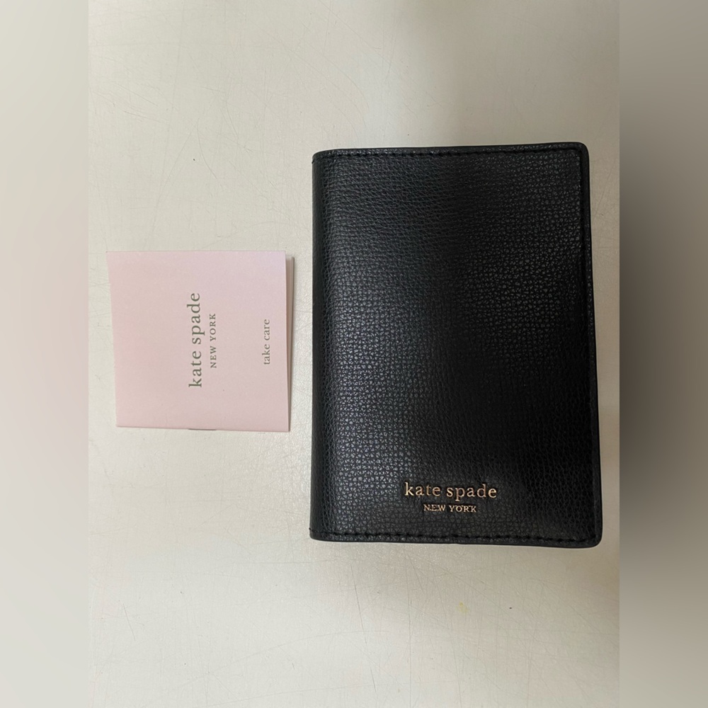 kate spade Black Leather Passport Holder with Gold Logo; new with tags